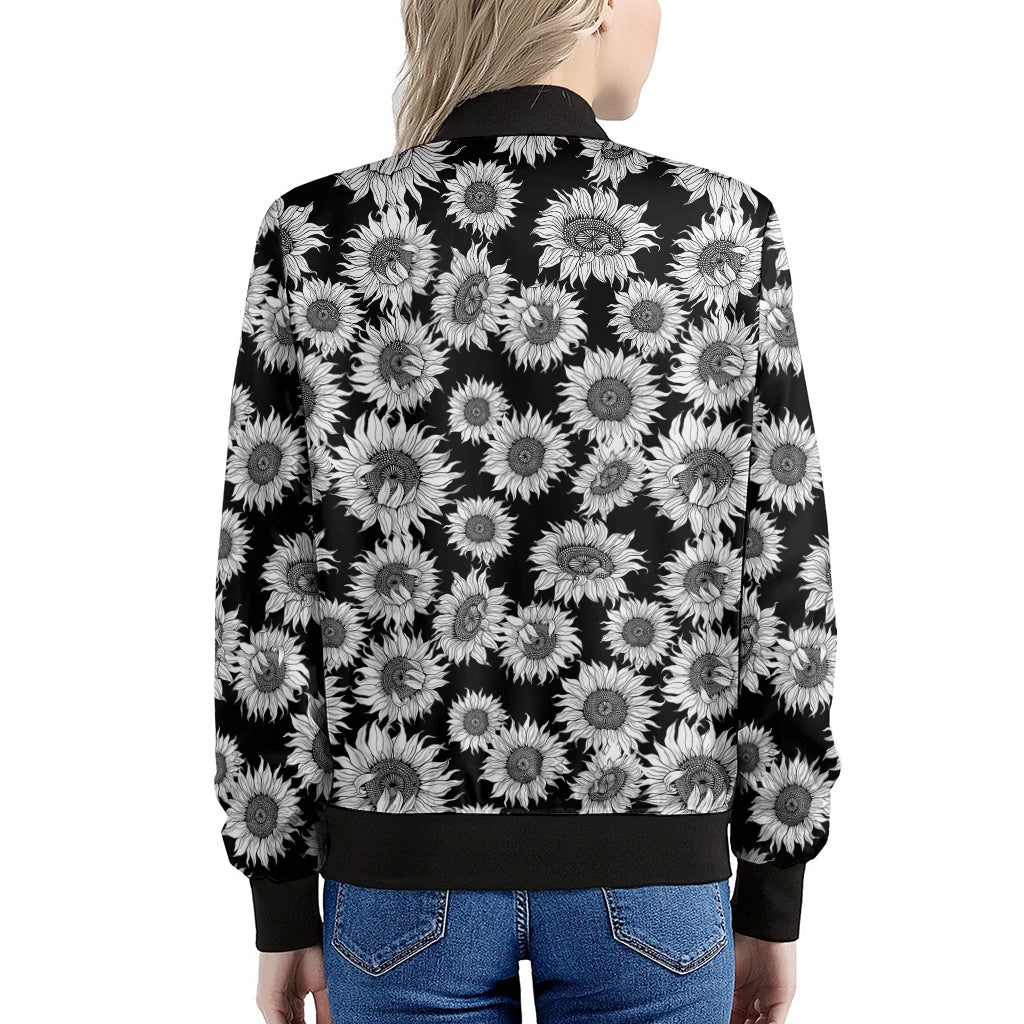 Black And White Sunflower Pattern Print Women's Bomber Jacket