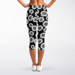Black And White Sunflower Pattern Print Women's Capri Leggings