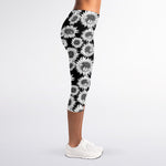 Black And White Sunflower Pattern Print Women's Capri Leggings