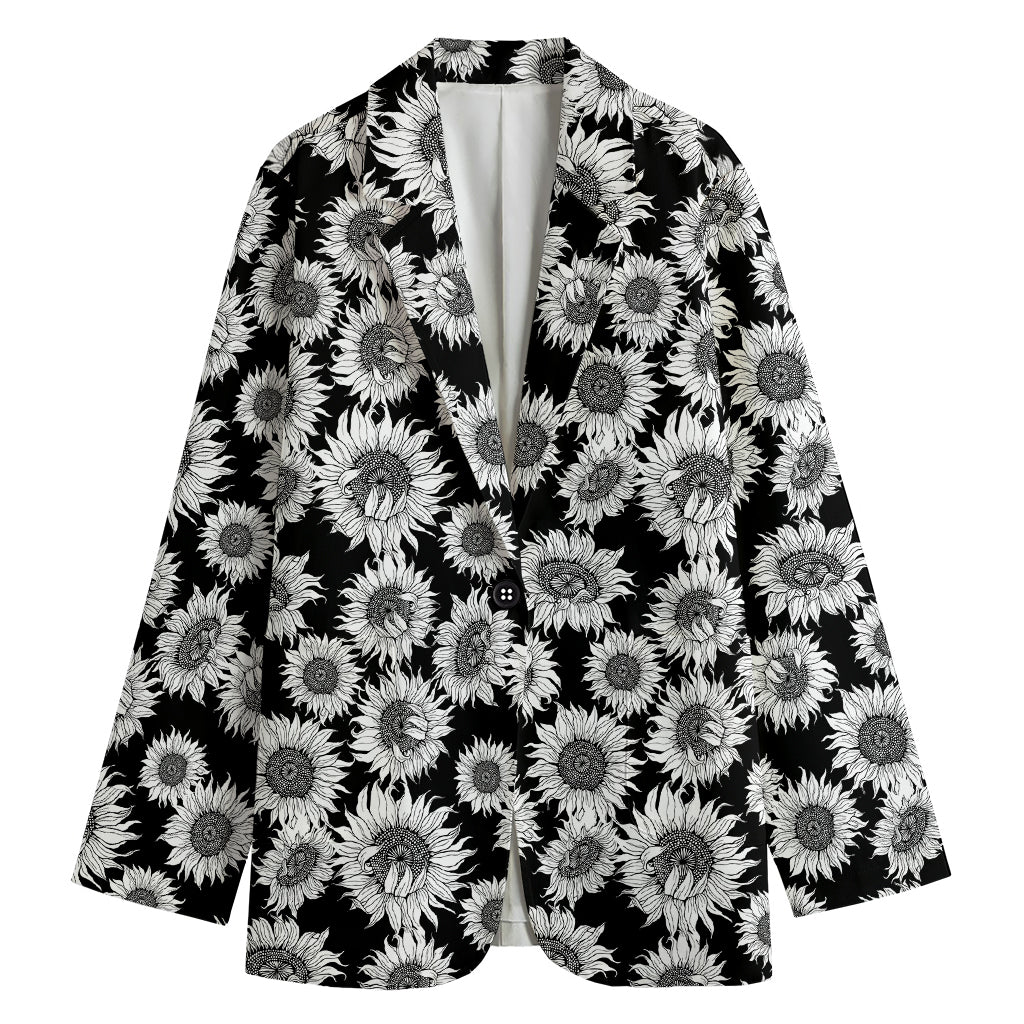 Black And White Sunflower Pattern Print Women's Cotton Blazer