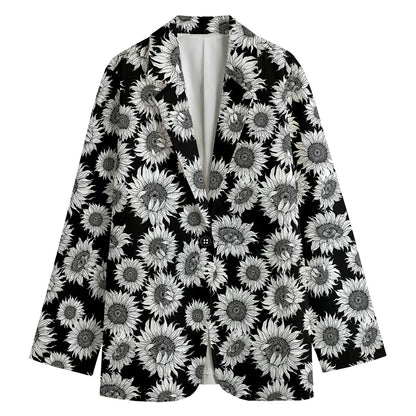 Black And White Sunflower Pattern Print Women's Cotton Blazer