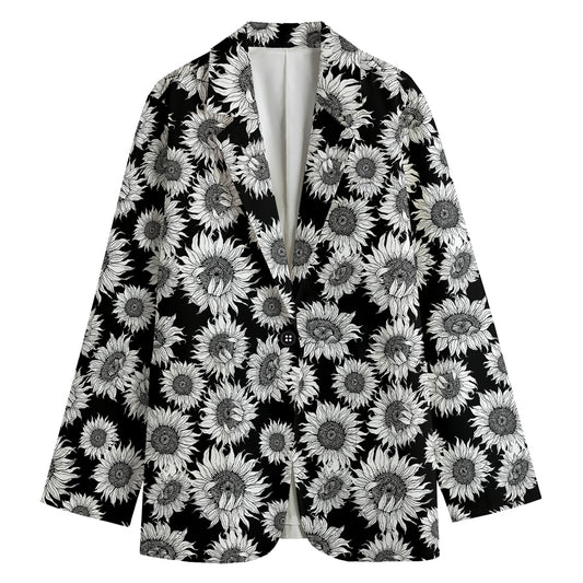 Black And White Sunflower Pattern Print Women's Cotton Blazer