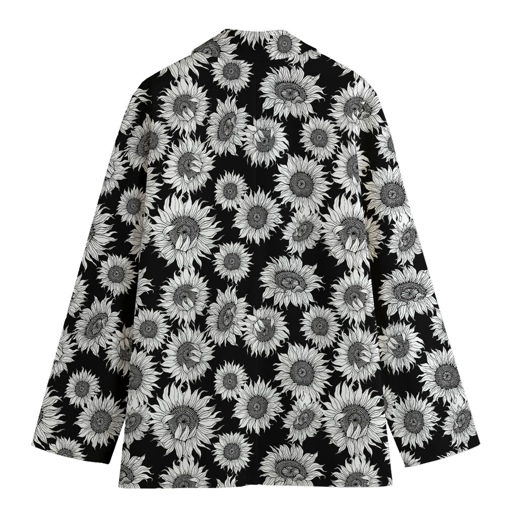 Black And White Sunflower Pattern Print Women's Cotton Blazer