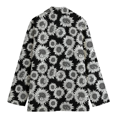 Black And White Sunflower Pattern Print Women's Cotton Blazer