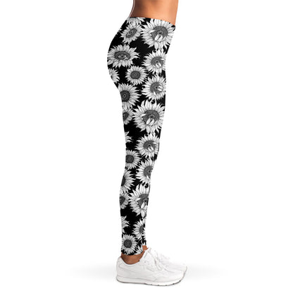 Black And White Sunflower Pattern Print Women's Leggings