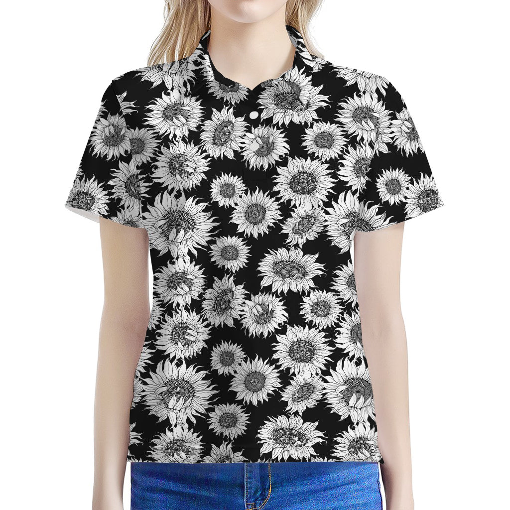 Black And White Sunflower Pattern Print Women's Polo Shirt
