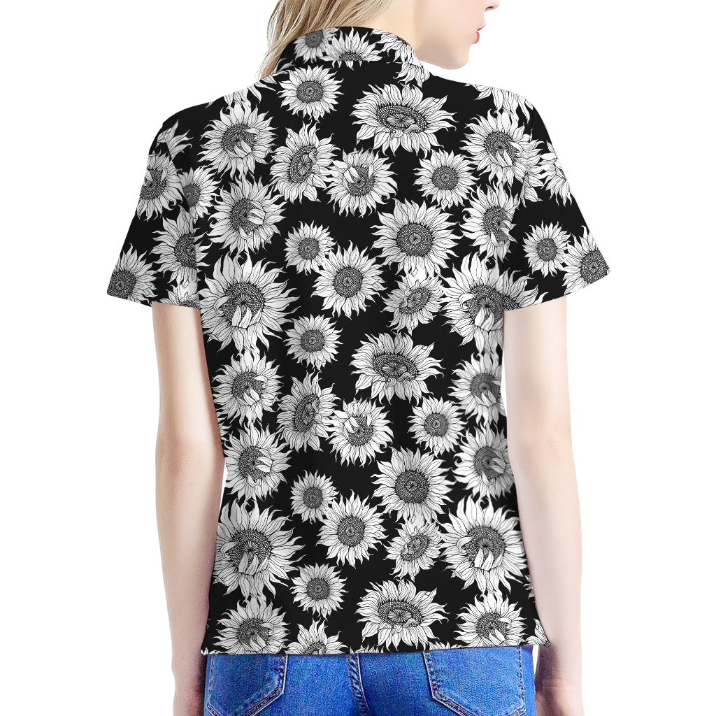 Black And White Sunflower Pattern Print Women's Polo Shirt