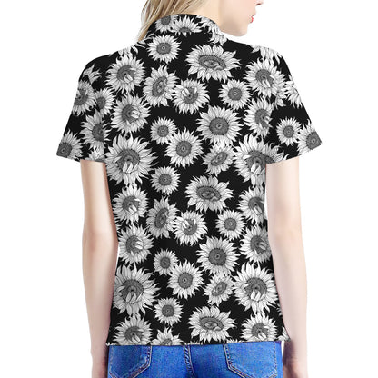Black And White Sunflower Pattern Print Women's Polo Shirt