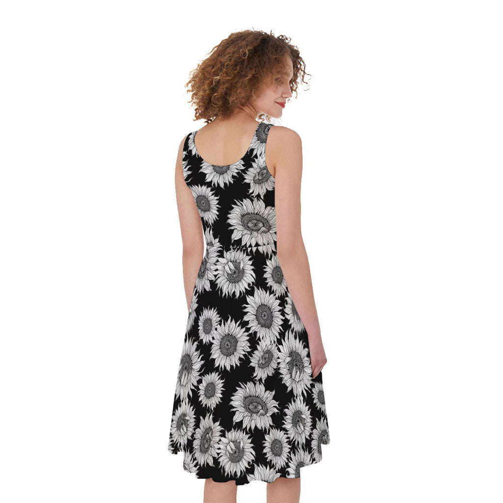 Black And White Sunflower Pattern Print Women's Sleeveless Dress