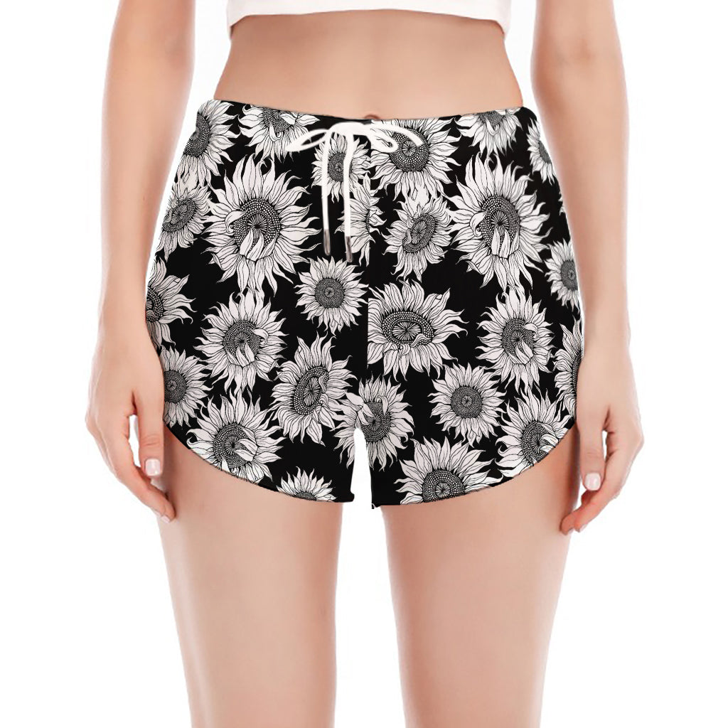 Black And White Sunflower Pattern Print Women's Split Running Shorts