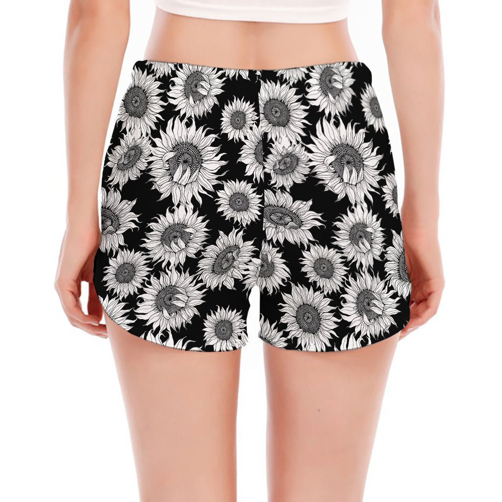 Black And White Sunflower Pattern Print Women's Split Running Shorts