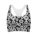 Black And White Sunflower Pattern Print Women's Sports Bra