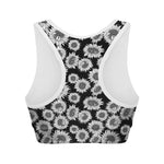 Black And White Sunflower Pattern Print Women's Sports Bra