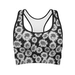 Black And White Sunflower Pattern Print Women's Sports Bra