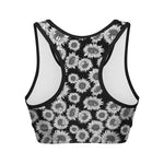 Black And White Sunflower Pattern Print Women's Sports Bra