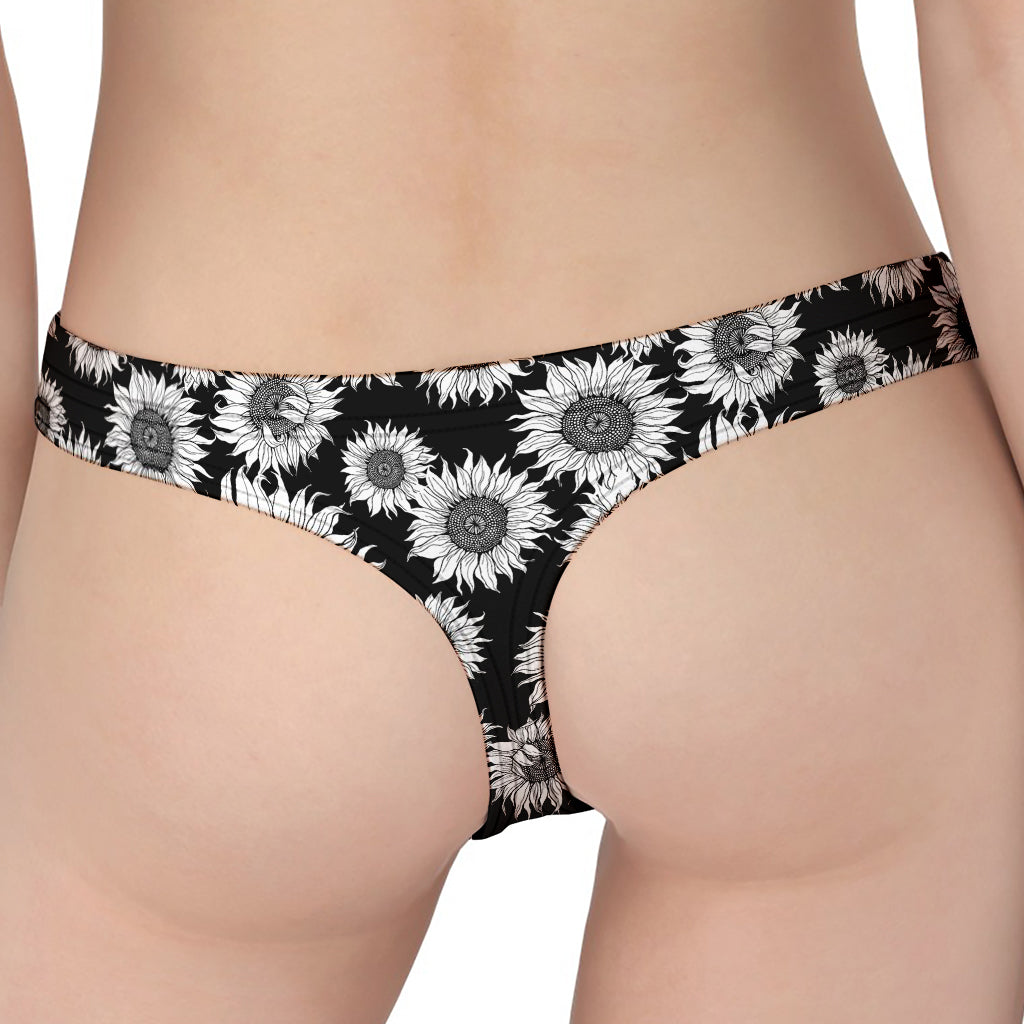 Black And White Sunflower Pattern Print Women's Thong