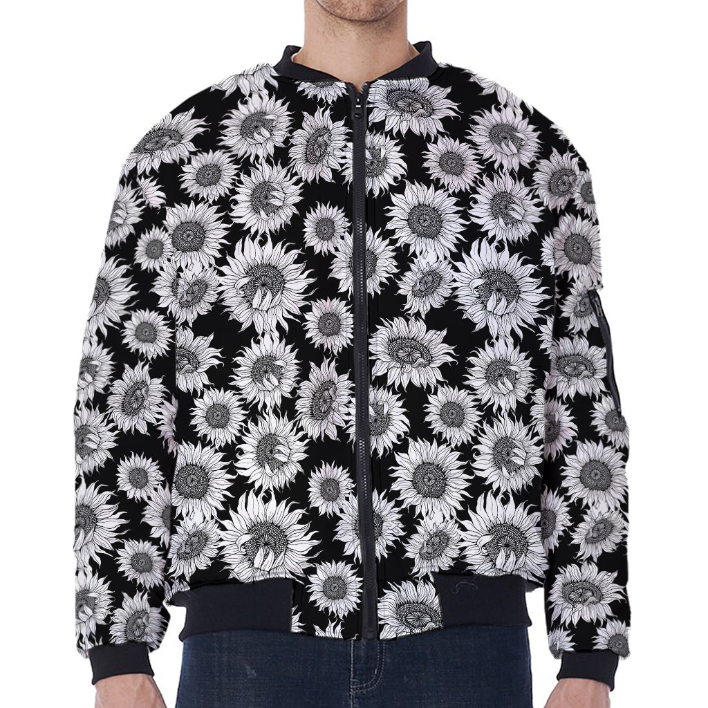 Black And White Sunflower Pattern Print Zip Sleeve Bomber Jacket