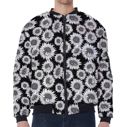 Black And White Sunflower Pattern Print Zip Sleeve Bomber Jacket