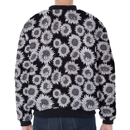 Black And White Sunflower Pattern Print Zip Sleeve Bomber Jacket