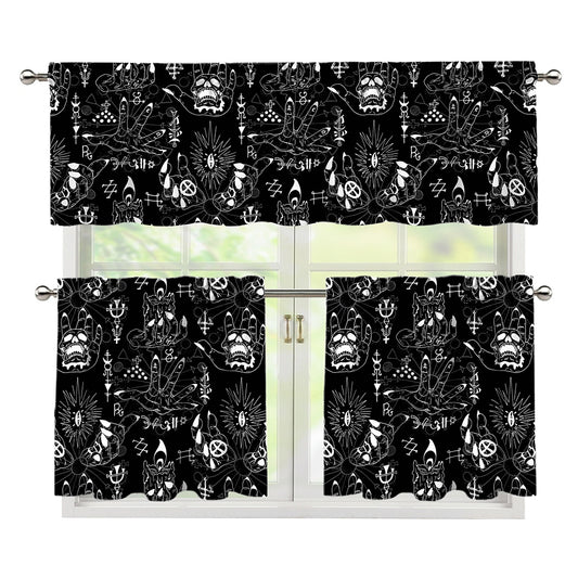Black And White Supernatural Wicca Print 3 Piece Kitchen Curtains