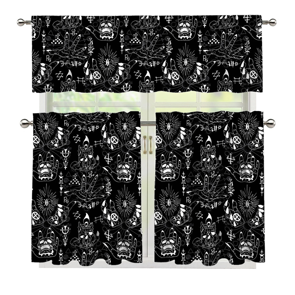 Black And White Supernatural Wicca Print 3 Piece Kitchen Curtains
