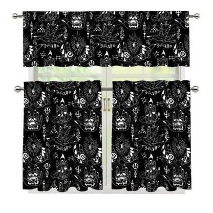 Black And White Supernatural Wicca Print 3 Piece Kitchen Curtains