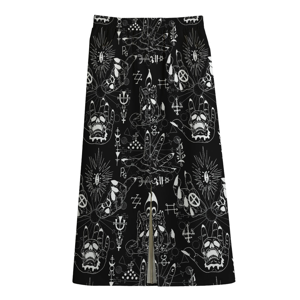 Black And White Supernatural Wicca Print Cotton Front Slit Maxi Skirt