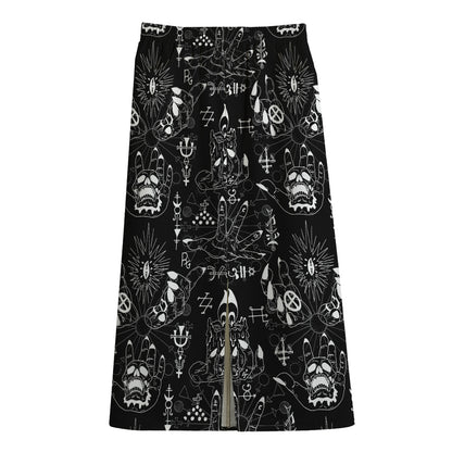 Black And White Supernatural Wicca Print Cotton Front Slit Maxi Skirt
