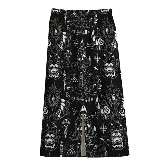 Black And White Supernatural Wicca Print Cotton Front Slit Maxi Skirt