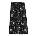Black And White Supernatural Wicca Print Cotton Front Slit Maxi Skirt