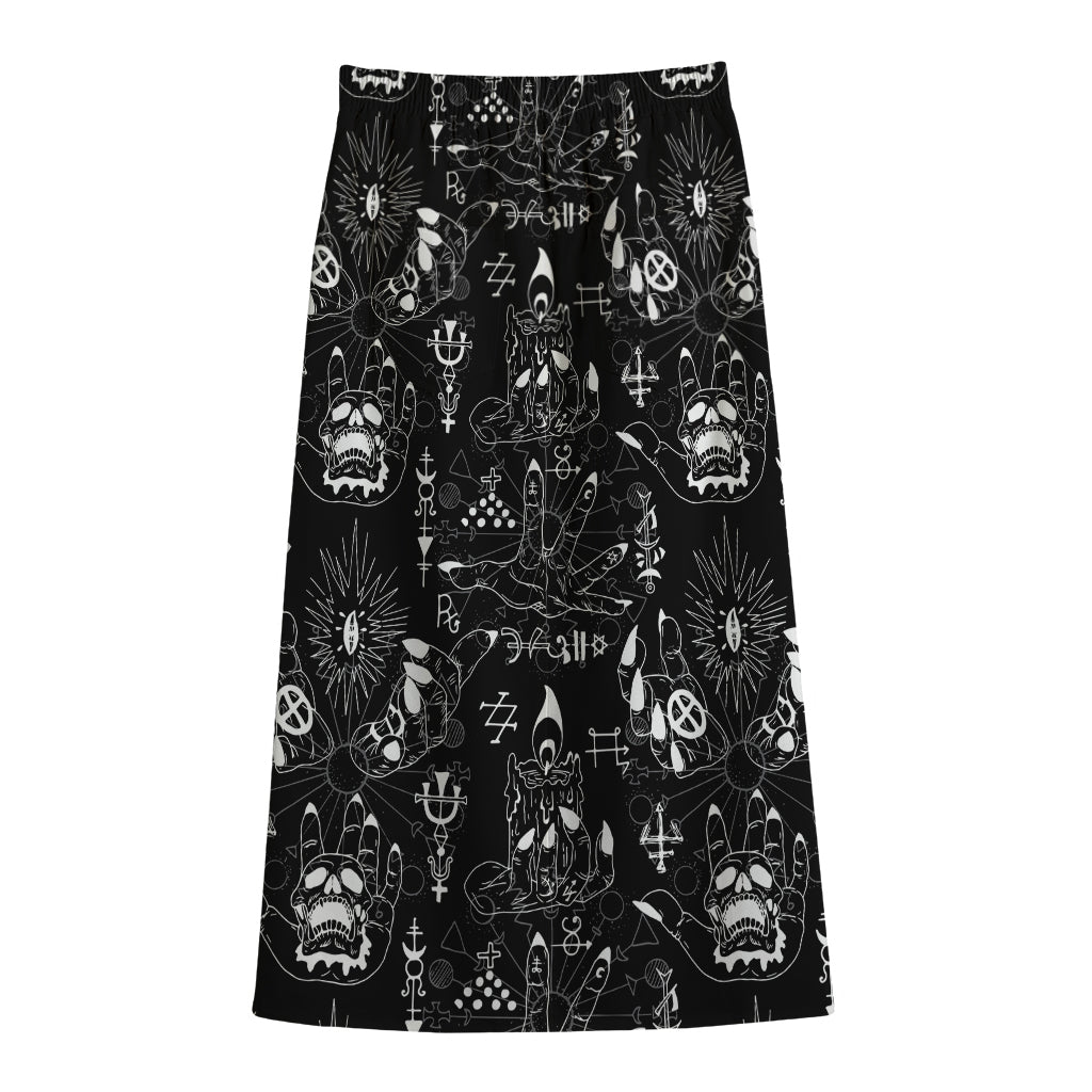 Black And White Supernatural Wicca Print Cotton Front Slit Maxi Skirt
