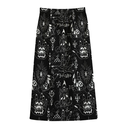 Black And White Supernatural Wicca Print Cotton Front Slit Maxi Skirt