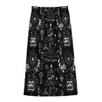 Black And White Supernatural Wicca Print Cotton Front Slit Maxi Skirt