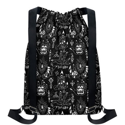 Black And White Supernatural Wicca Print Drawstring Backpack