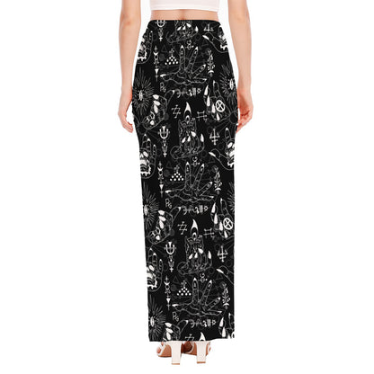 Black And White Supernatural Wicca Print High Slit Maxi Skirt