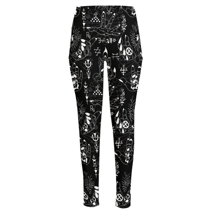 Black And White Supernatural Wicca Print High-Waisted Pocket Leggings