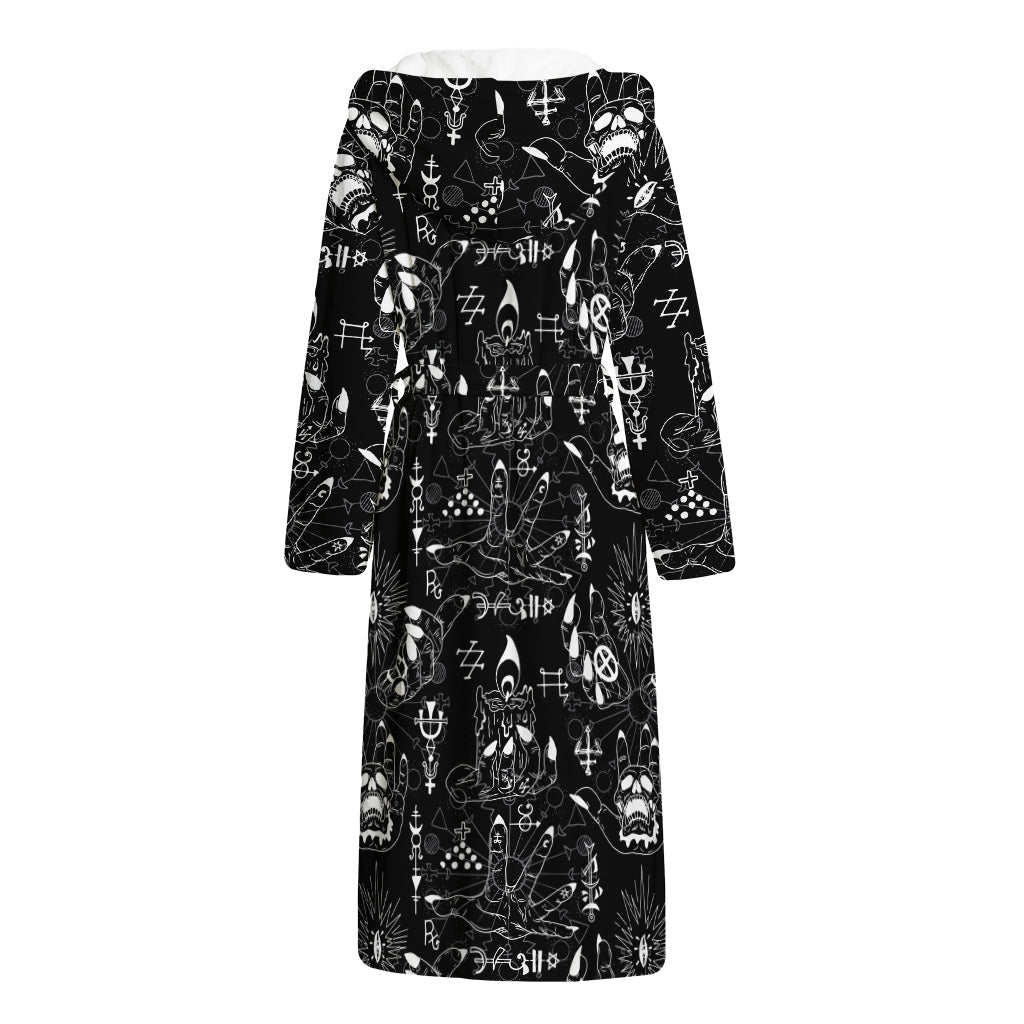 Black And White Supernatural Wicca Print Hooded Bathrobe