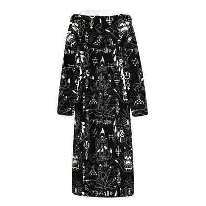 Black And White Supernatural Wicca Print Hooded Bathrobe