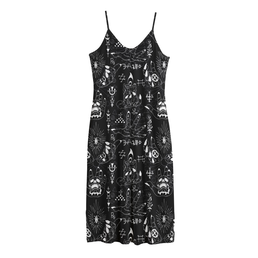 Black And White Supernatural Wicca Print Jersey Midi Cami Dress