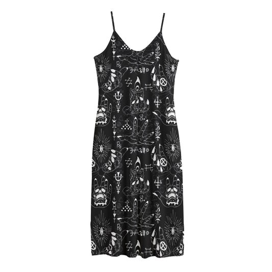 Black And White Supernatural Wicca Print Jersey Midi Cami Dress