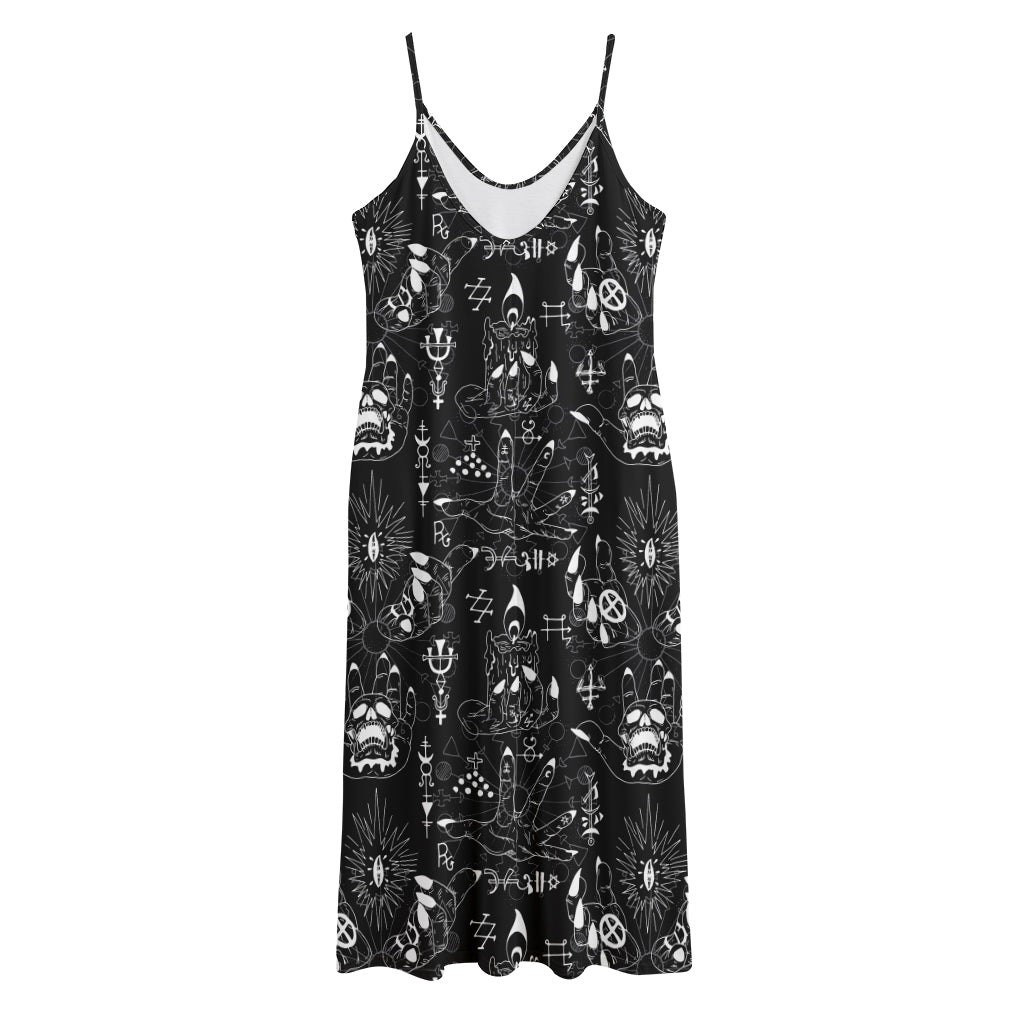 Black And White Supernatural Wicca Print Jersey Midi Cami Dress