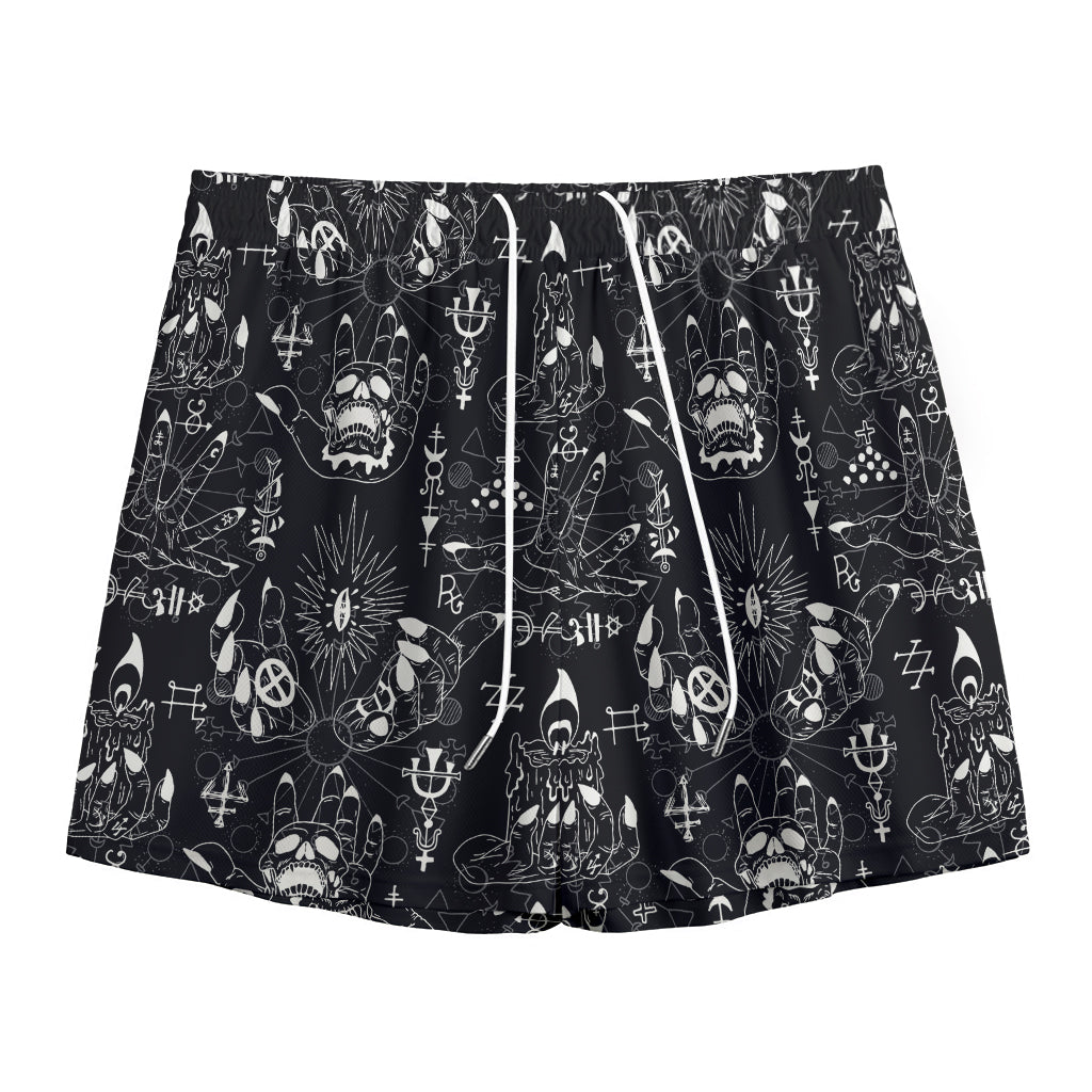 Black And White Supernatural Wicca Print Mesh Shorts