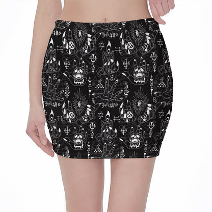 Black And White Supernatural Wicca Print Pencil Mini Skirt