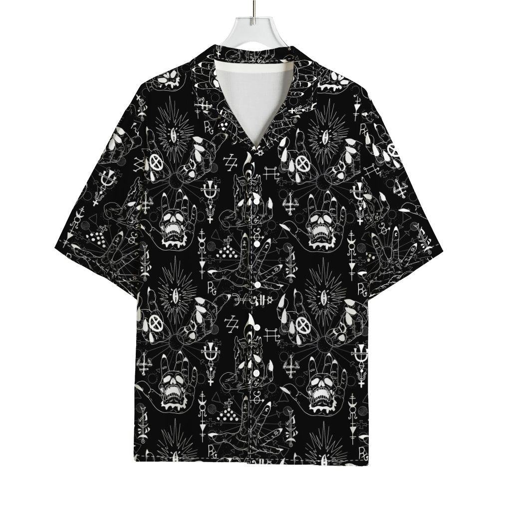 Black And White Supernatural Wicca Print Rayon Hawaiian Shirt