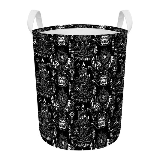 Black And White Supernatural Wicca Print Round Laundry Basket