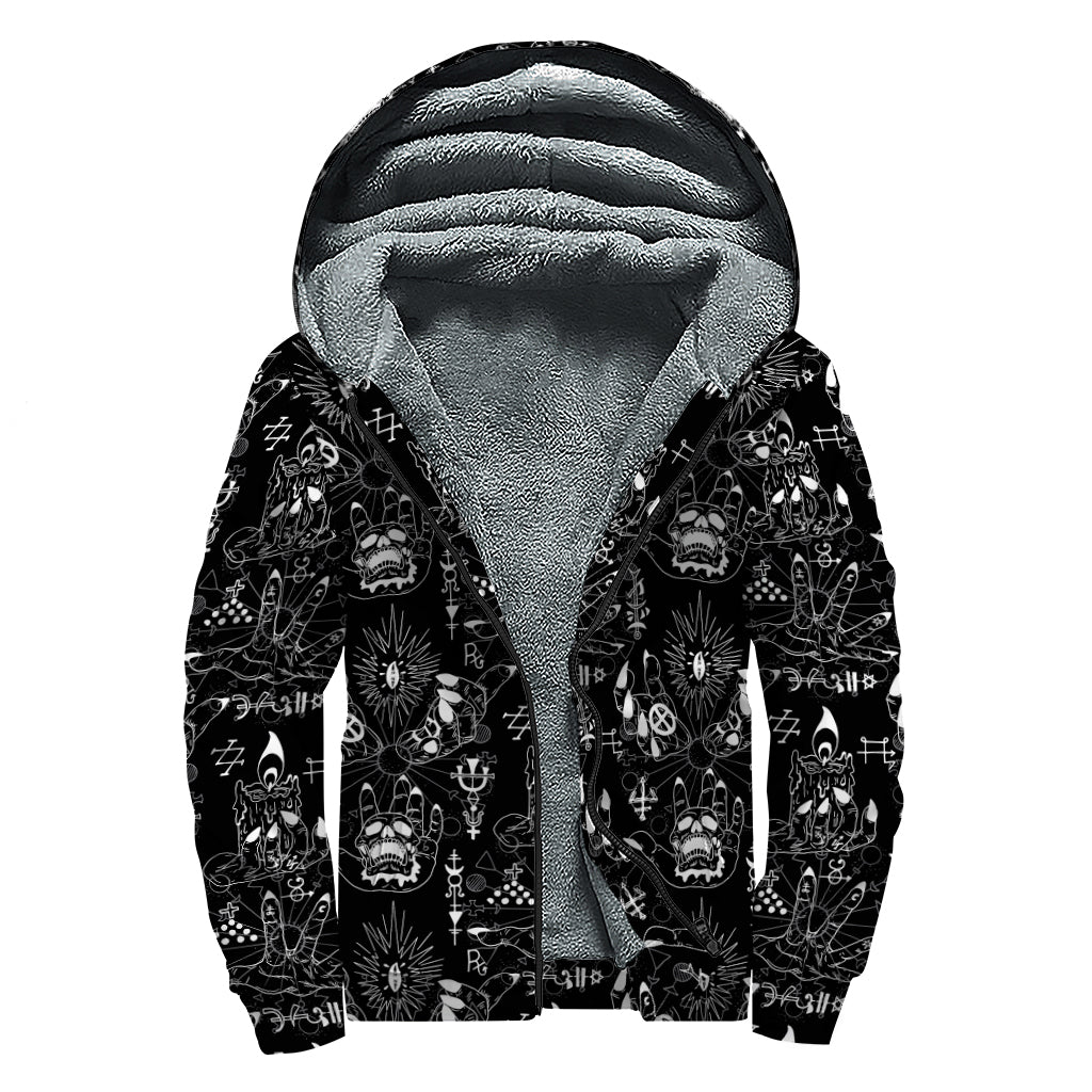 Black And White Supernatural Wicca Print Sherpa Lined Zip Up Hoodie