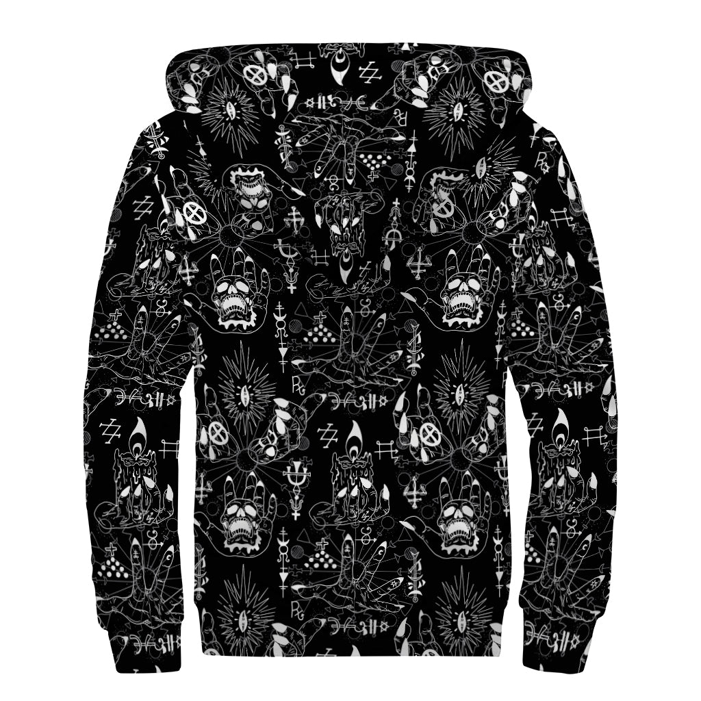 Black And White Supernatural Wicca Print Sherpa Lined Zip Up Hoodie