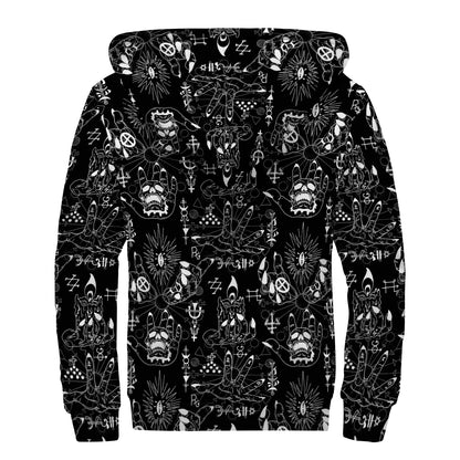 Black And White Supernatural Wicca Print Sherpa Lined Zip Up Hoodie