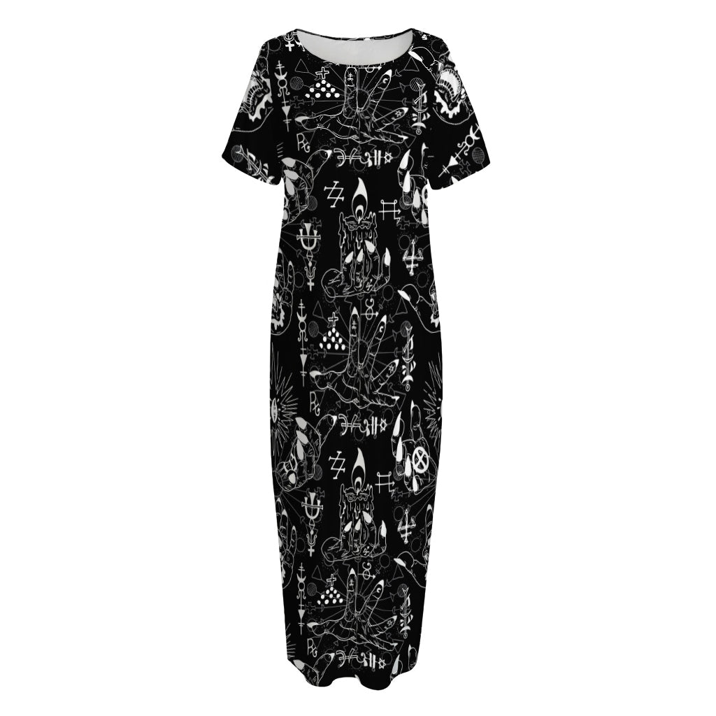 Black And White Supernatural Wicca Print Short Sleeve Long Nightdress