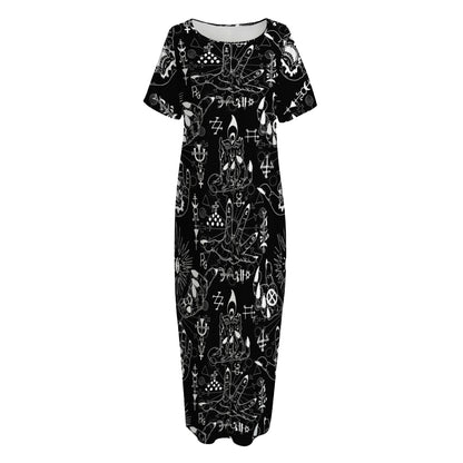 Black And White Supernatural Wicca Print Short Sleeve Long Nightdress